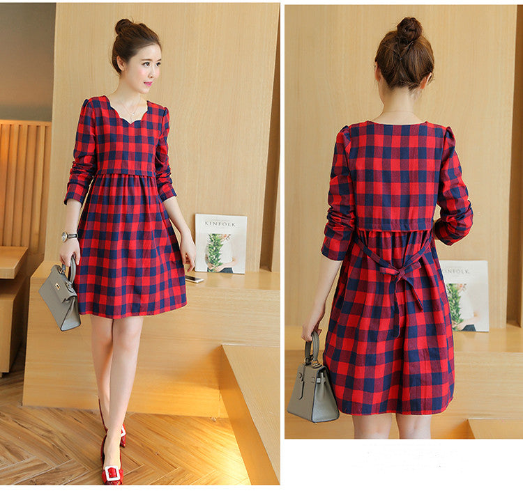 Maternity dress cotton plaid mid-length