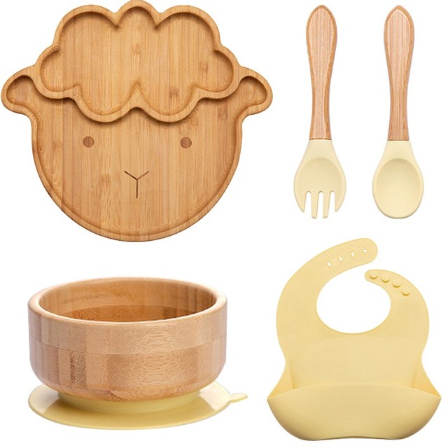 7Pcs Wooden Feeding Tableware Sets Kids