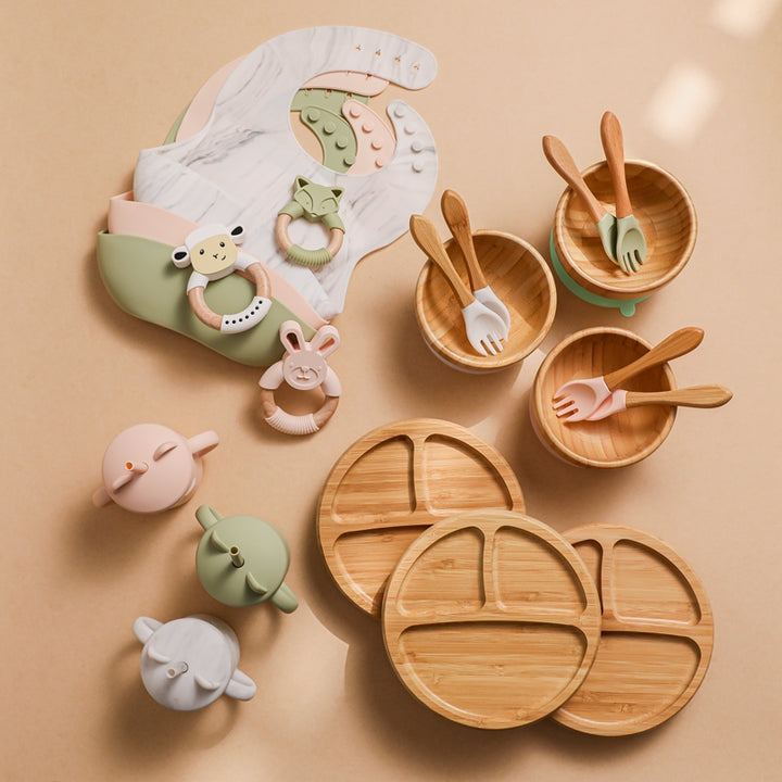 7Pcs Wooden Feeding Tableware Sets Kids