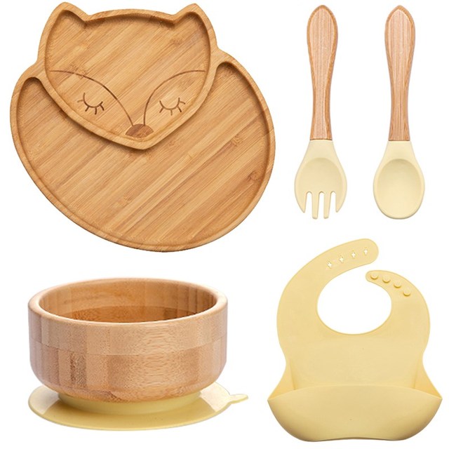 7Pcs Wooden Feeding Tableware Sets Kids